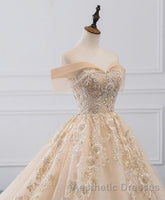 Champagne Off Shoulder Tulle Lace Long Wedding Dresses, Wedding Gown